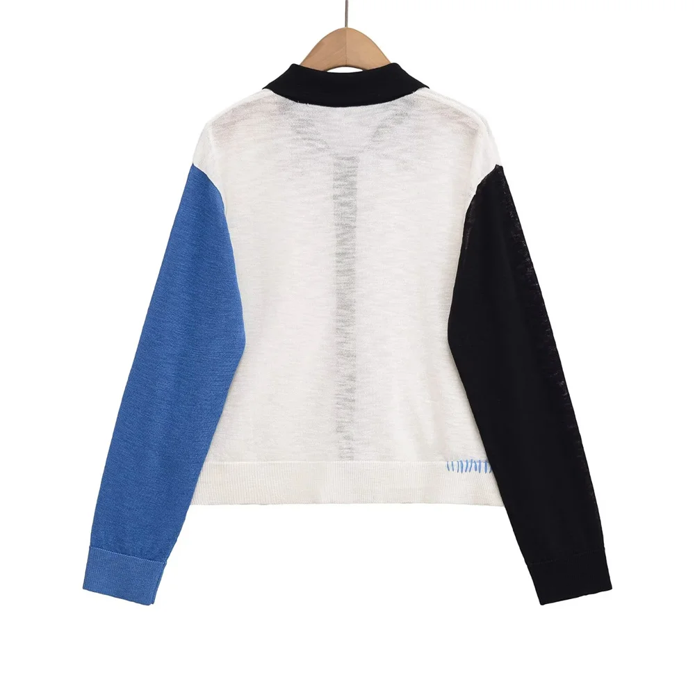 nieuwe damesmode casual vent decoratie contrasterende kleur flip kraag gebreid jack met lange mouwen