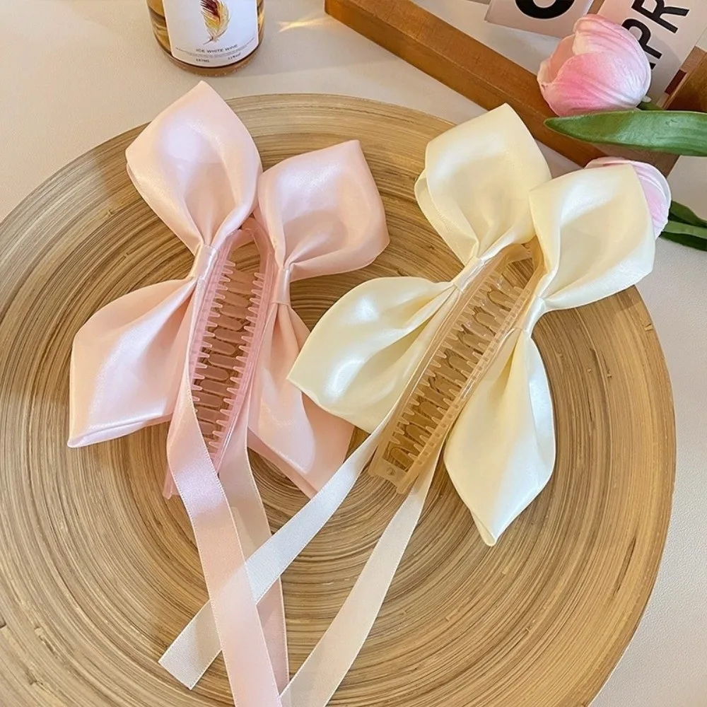 

Versatile Satin Bowknot Korean Hair Claw Wide Side Large Size Solid Color Hair Clip Soft Material Ponytail Clip For Girls