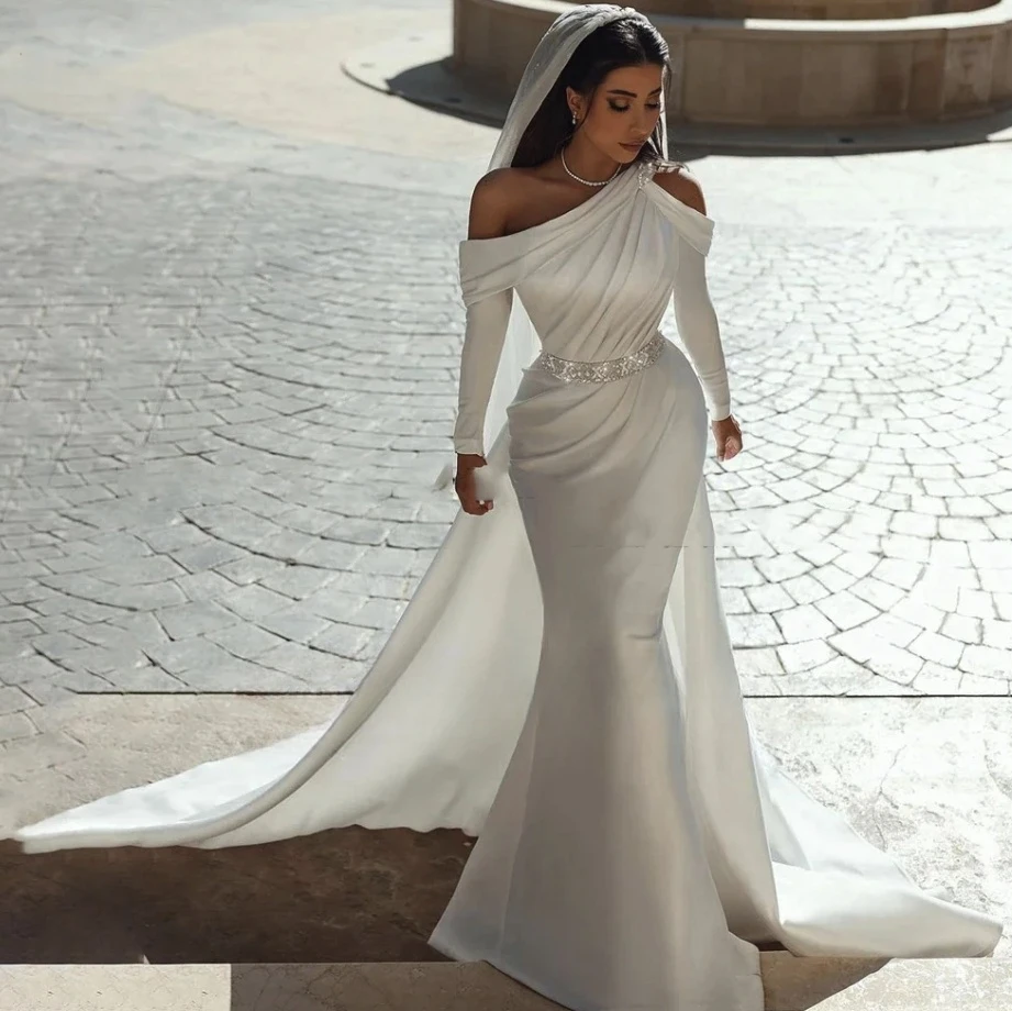 Свадебное платье для женщин 2025 платье свадеб legant на одно плечо, плиссированные блестки, свадебные платья с пятнами русалки длиной до пола