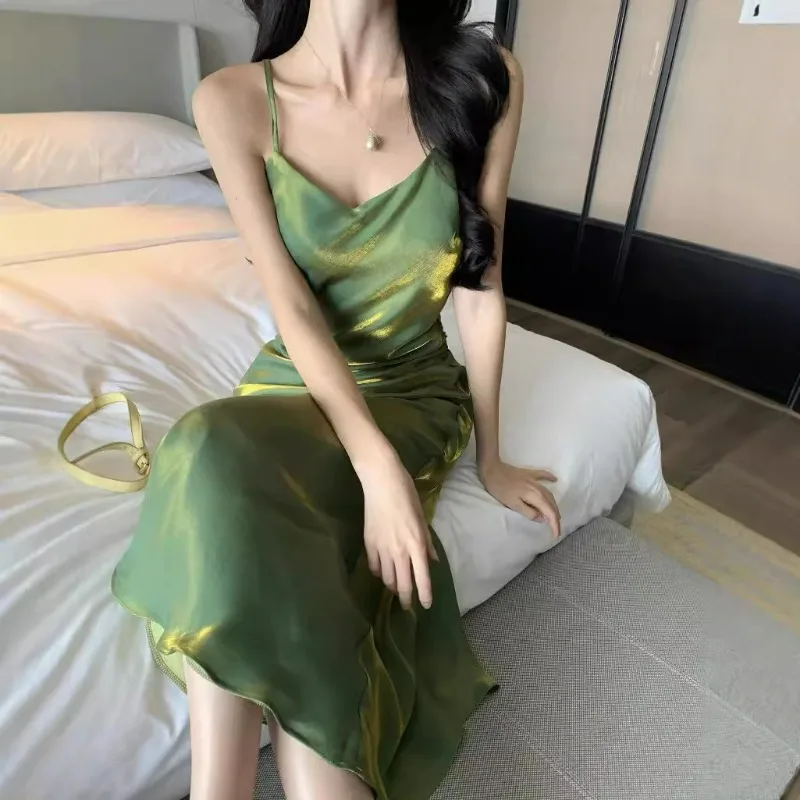 

New French-style High-end Halter Dress for Women Summer Evening Dress with A Flowing Feel Acetate Satin Slim Fishtail Long Dress