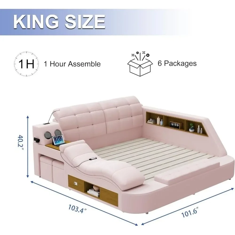 Multifunction Smart King Bed Frame,Leather Bedroom Bed Furniture with Massage Recliner, Bluetooth Speaker, USB Charging Station