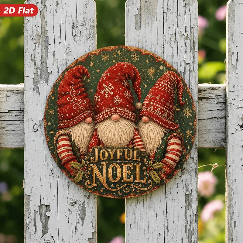 2D Flat, 1pc Christmas Gnome Trio Round Metal Sign Wall Art, Home Decor, Three Red Gnomes, Joyful Noel Text, Snowflake Hats, Str