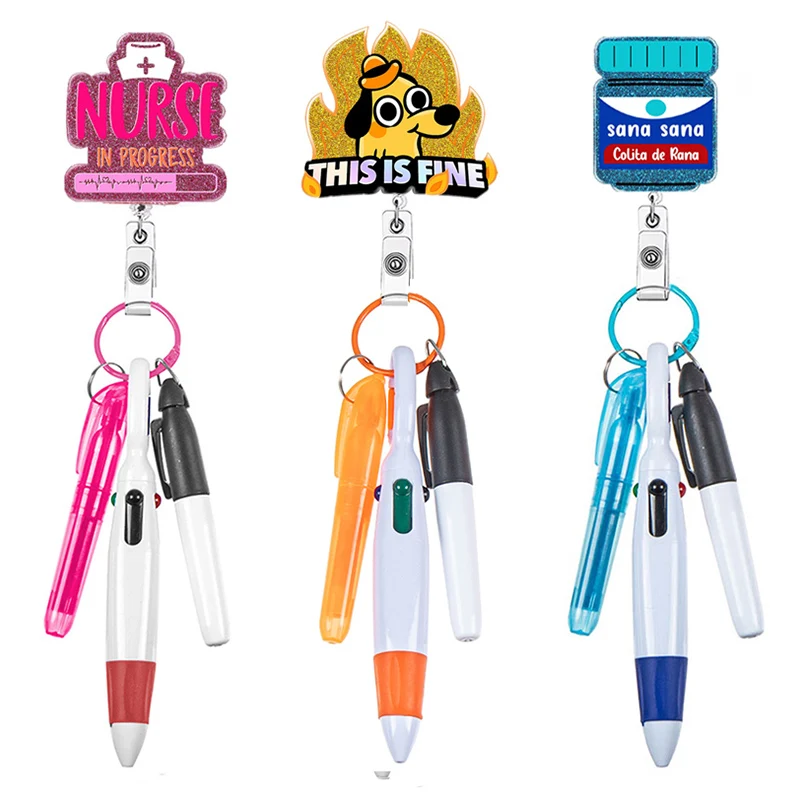 

Nurse Pen Set Design Glitter Medicine Bottle Badge Reel Retractable ID Badge Holder With 360 Rotating Alligator Clip Name Holder