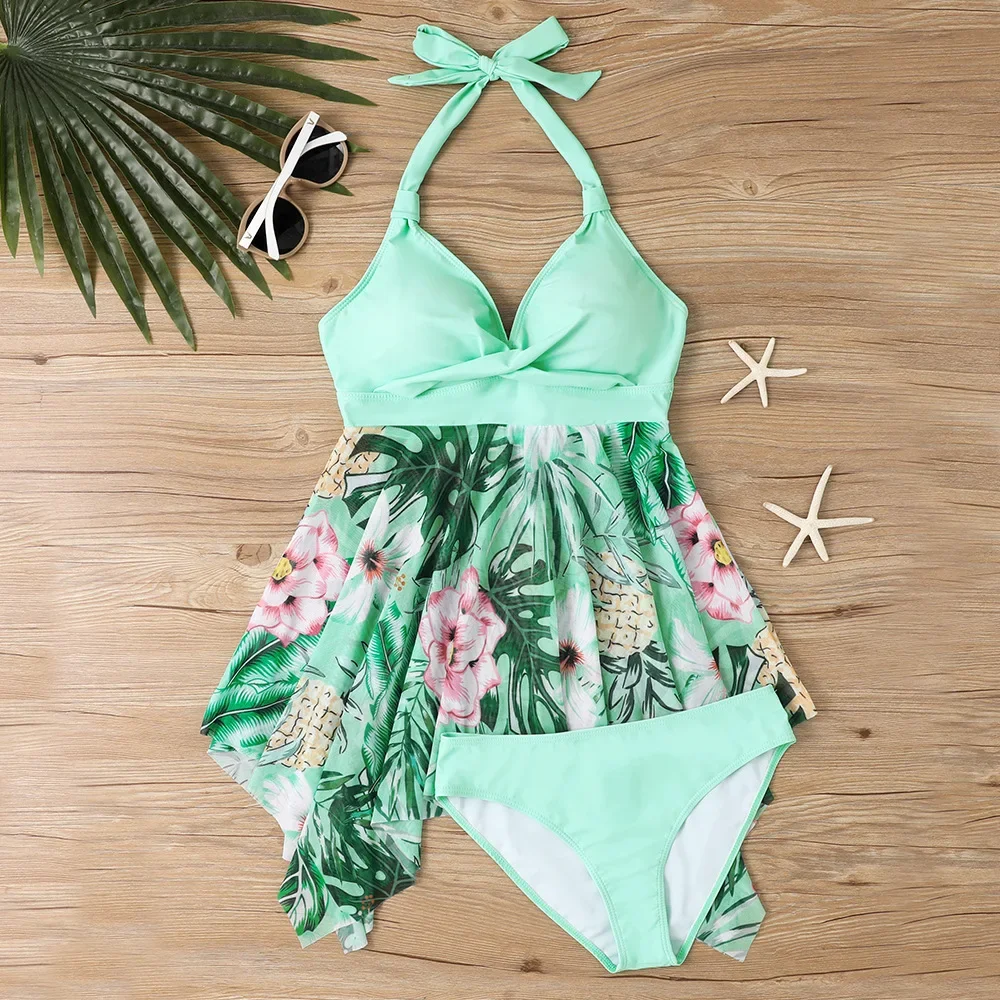 

Купальники из двух предметов с цветочным принтом, женская юбка с лямкой на шее, купальники, женские комплекты танкини, пляжная одежда, купальный костюм, женский купальный костюм с рюшами