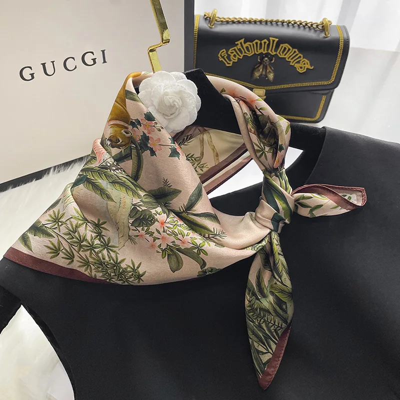 Design 100% Real Silk Scarf Women Square Wrap Small Luxury Brand Handkerchiefs Hair Ribbon Headband Neckerchief Female Bandana