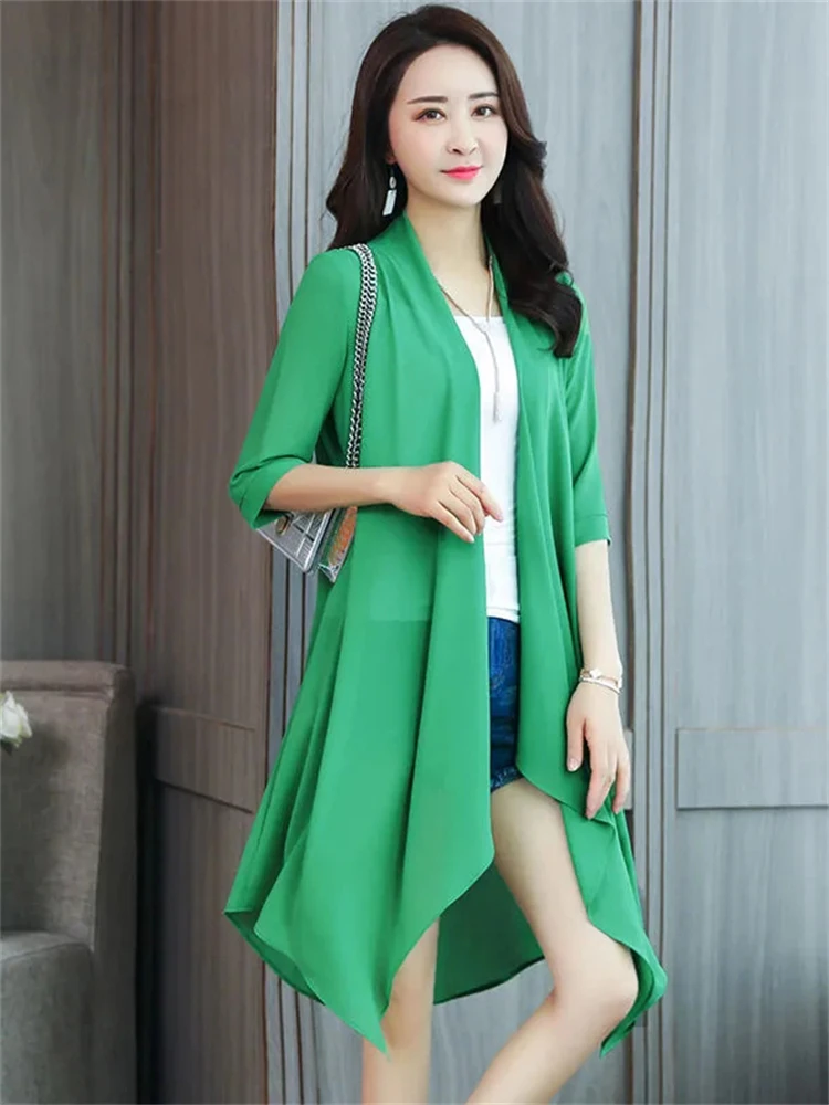 Chiffon Sunscreen Mid-length Shawl Coat Summer Thin Loose Tops Oversized Casual Lightweight Cardigan Women Half Sleeve Outerwear