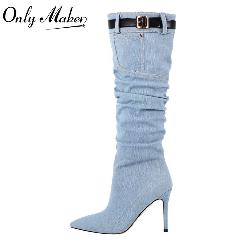 

Onlymaker Woman Brand Pointed Toe Denim Knee High Boots Side Zipper Stiletto Fashion Female Thin Heel Boots