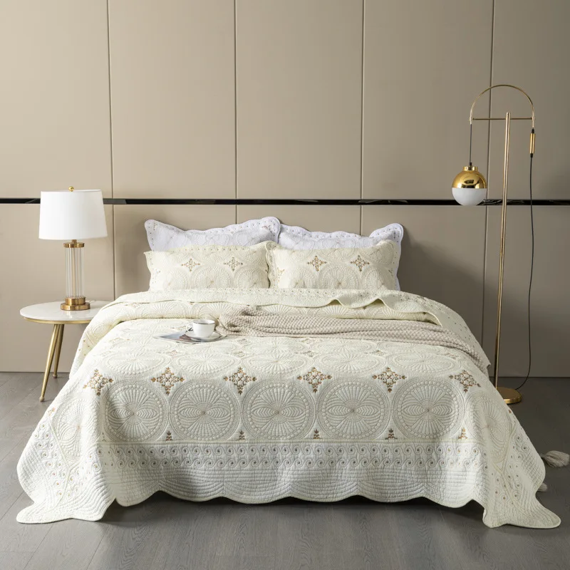 Imagem -06 - Boho Círculo Bordado Colcha Fronha Shams Scalloped Borda Rainha Rei 3pc Bege Branco 100 Algodão Acolchoado Cama Espalhe