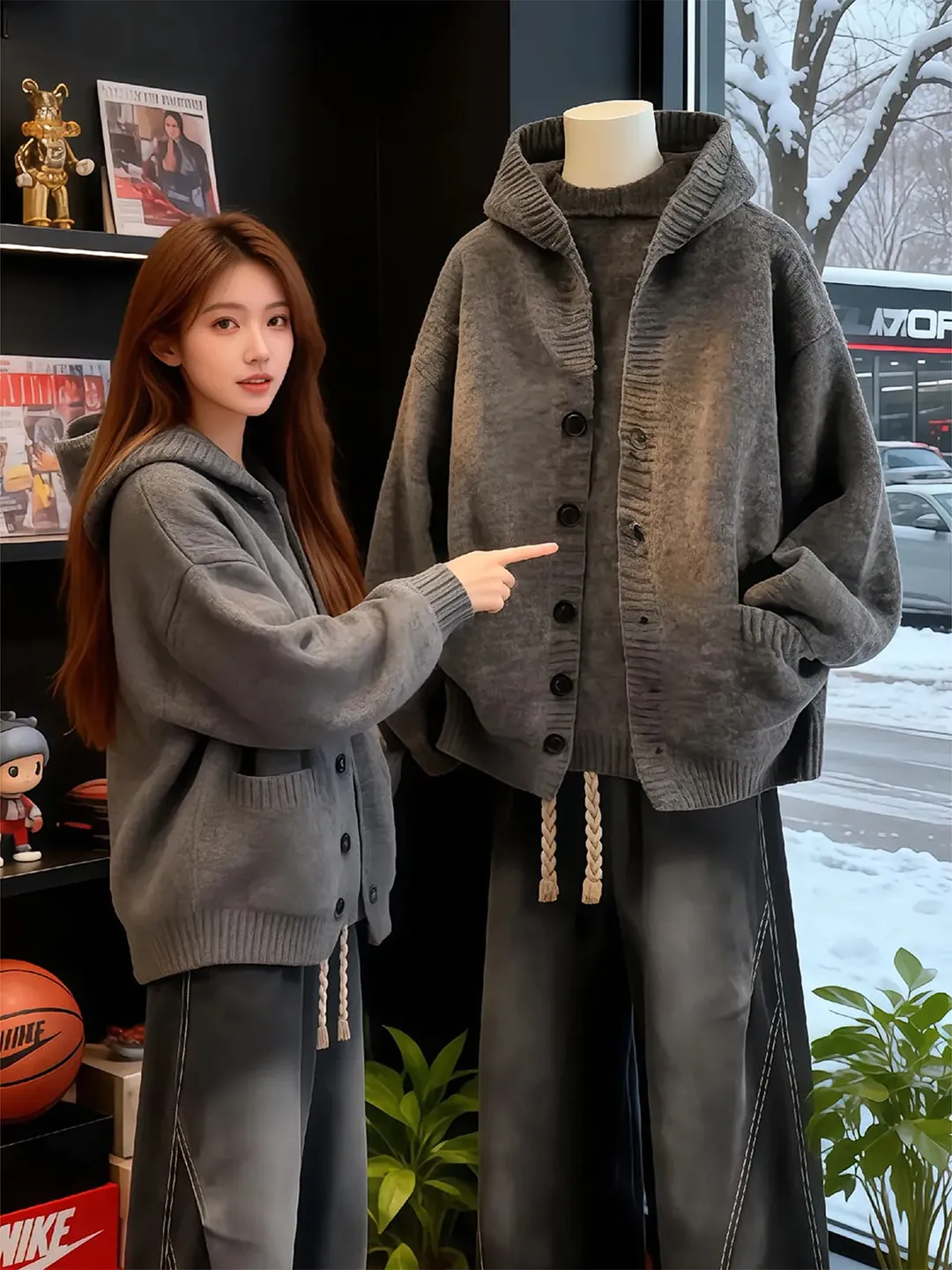 

Мужской кардиган свободного кроя в корейском стиле, темно-серый, с капюшоном, на осень-зиму, повседневный, удобный, дышащий, вязаный жакет