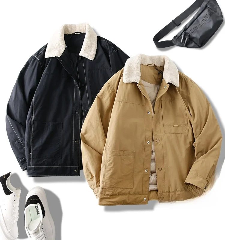 

Thickened Tech Fabric down Jacket Men's Casual Style Lamb Fur Collar Warm Cozy Cotton Nylon Blend Fashion Urban Wear
