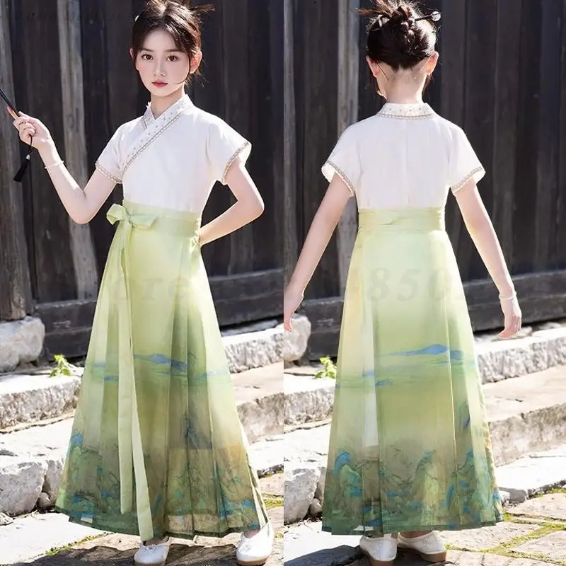 

Summer Kids Girls Horse Face Skirt Chinese Ming Dynasty Girl Hanfu Dress Traditional Oriental Costume Children Tang Suit