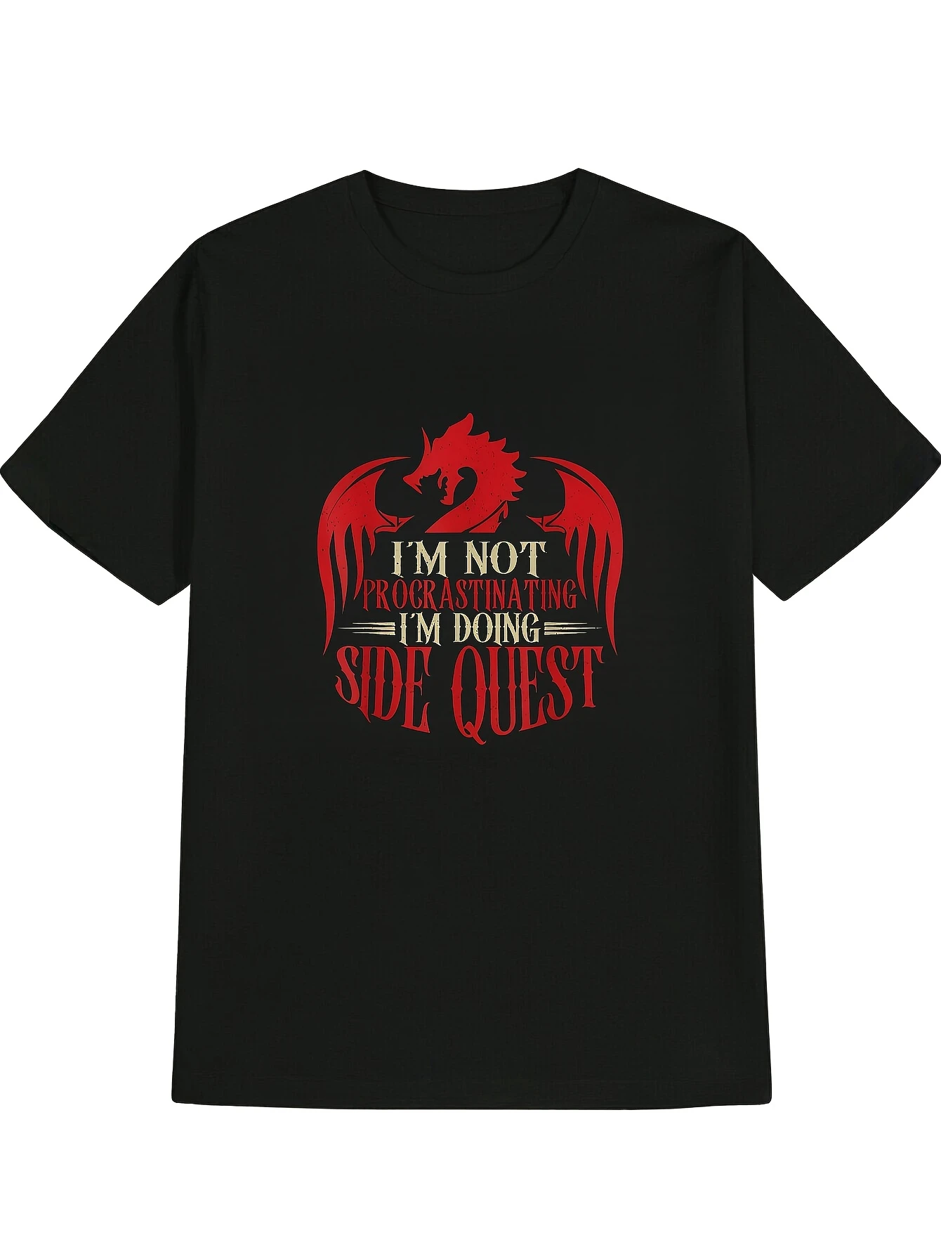 Humorous Game Quotes T-shirt - I'm not procrastinating I'm playing a dungeon quest red dragon design - Soft everyday T-shirt