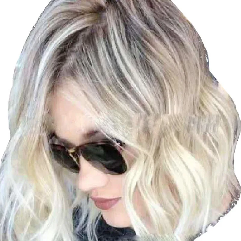 Perücke Damen Mittelscheitel Kurze lockige Farbverlauf Große Welle Farbverlauf Flauschige Birnenblüte Kurze Perücke Kurzes Haar