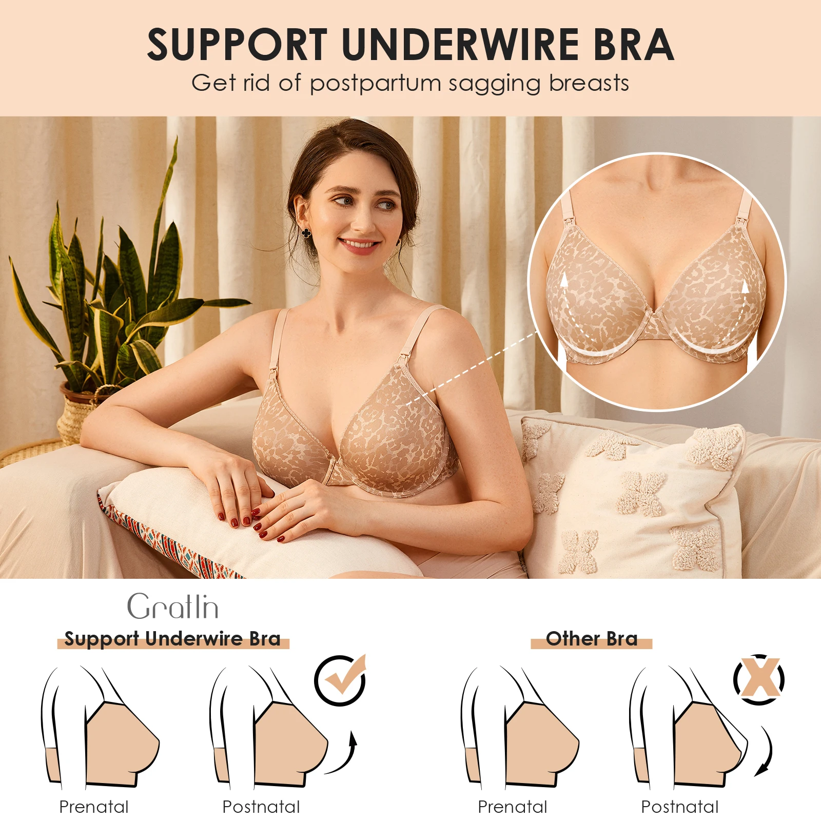 Gratlin Women\'s Full Coverage Lightly Padded Underwire Maternity Nursing Bra For Breastfeeding Pregnant Accessories Lactation