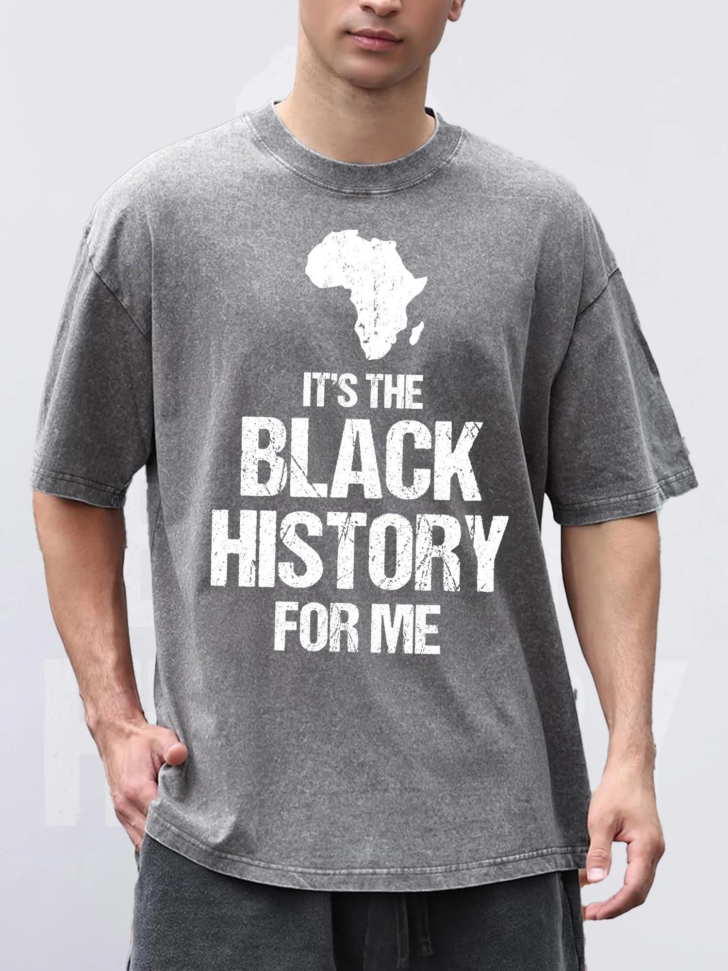 تي شيرت رجالي تاريخ أسود مطبوع رمادي بأكمام قصيرة رقبة مستديرة فضفاض صيفي 100% قطن خالص حمض غسل الشكر