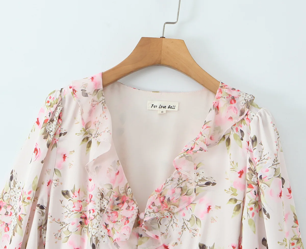 Suninheart European and American women's clothing floral lotus leaf trim pleated waist V-neck long-sleeved dress