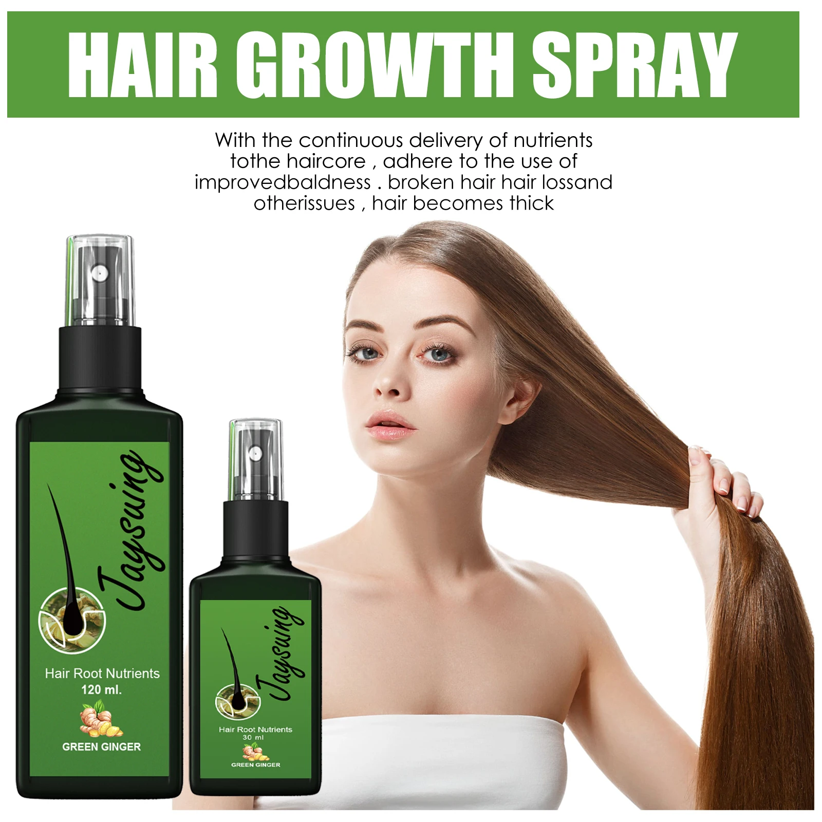 Spray na szybki wzrost włosów, przeciwko łysieniu, zagęszczający, wzmacniający, nawilżający, wygładzający włosy, naprawiający rozdwojone końcówki, przeciw puszeniu, esencja do pielęgnacji skóry głowy z imbirem.