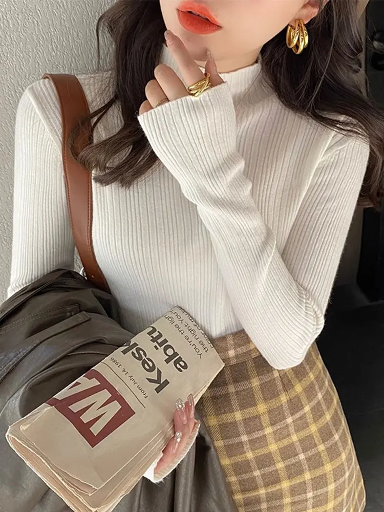 Elegant Solid Basic Knitted Women Tops Turtlneck Sweater Long Sleeve Casual Slim Pullover Korean Fashion Simple Chic Clothes