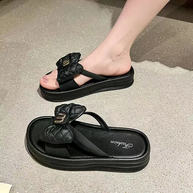 Women Slippers Summer New Fashion Luxury Open Toe Thick Soled Outdoor Flip Flops Bow Girls Beach Off White Casual Slippers