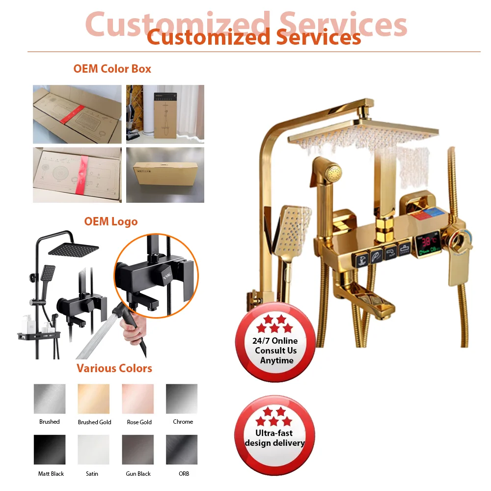 حار بيع الحمام المعاصر ثرموستاتي دش الأمطار مجموعة LED شاشة ديجيتال الحائط الذهب اللون النحاس الكروم الفنادق #4