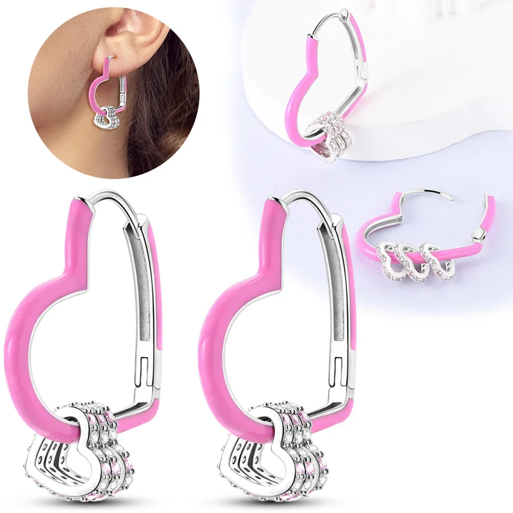 Orecchini a cerchio classici a forma di cuore in argento sterling 925 con colore rosa brillante, fascino di lusso leggero per le donne, gioielleria