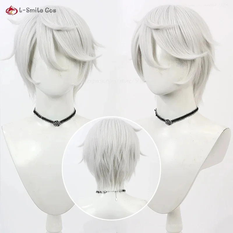 b3,c8;t5m,/Peluca de cosplay de Nina Sett, de 30 cm, corta, plateada y blanca, resistente al calor, de fibra sintética, para disfraces y juegos de rol0'jl,g/7,r'