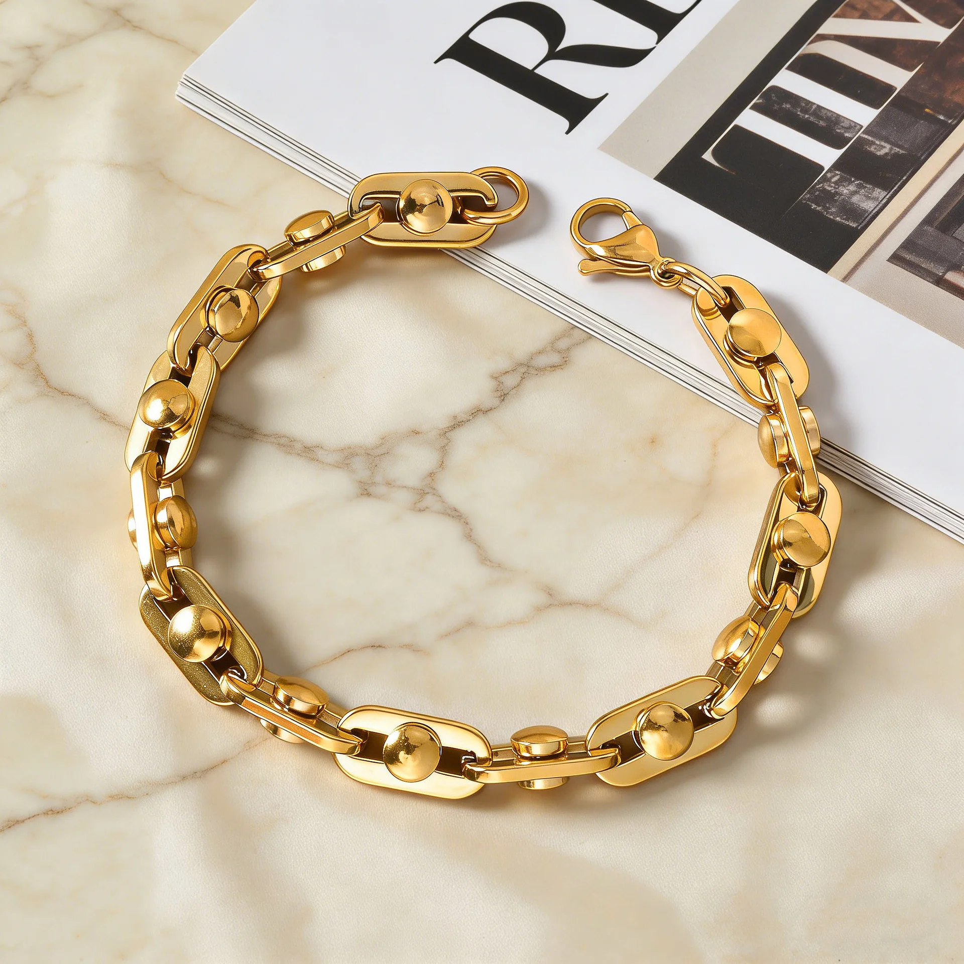 

New Stainless Steel Bracelet for Men Trendy Flat Geometric Hip Hop Jewelry Gift