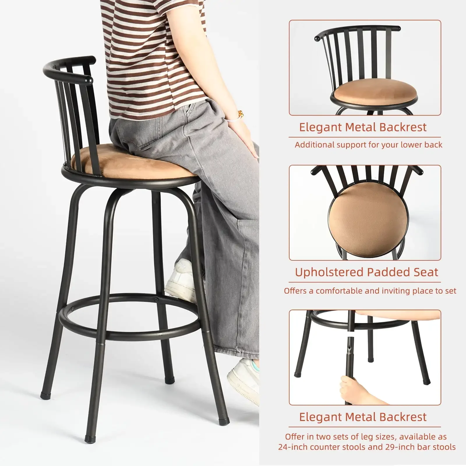 Drehbare Barhocker, 3er-Set, 29 Zoll, Barhöhe, moderner Barhocker für die Kücheninsel zu Hause, Braun