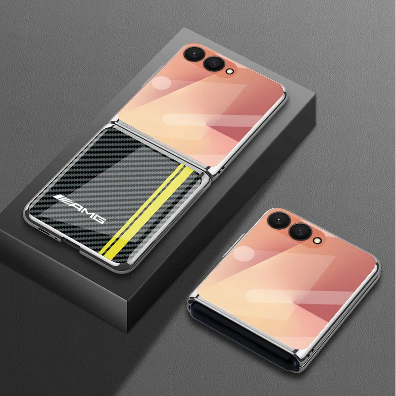 

Luxury Tempered Glass Carbon Fiber Texture Metal Plated Flip Case for Samsung Galaxy Z Flip7 5G Back Cover