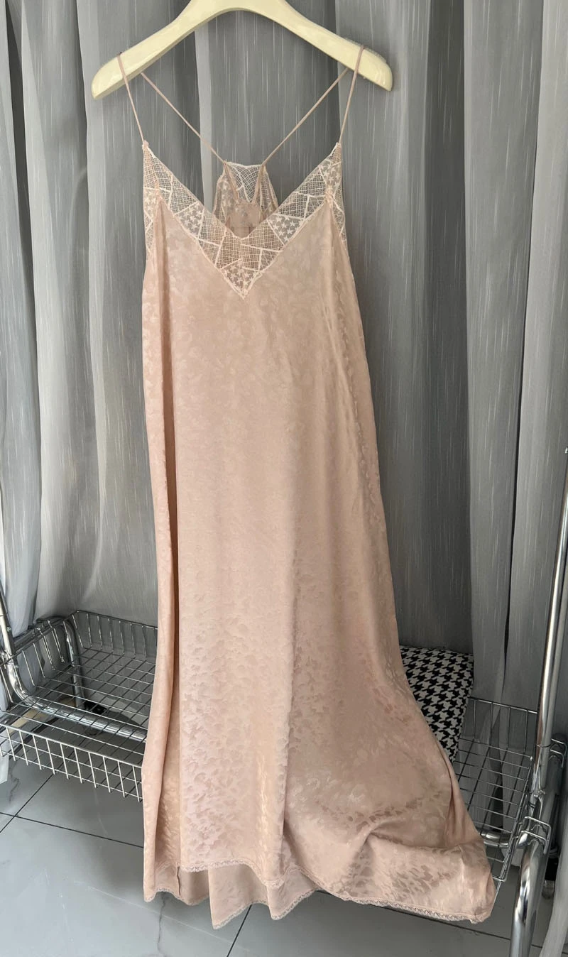 Summer Dress Women\'s 2024 New Fashion Elegant Nude Pink V-neck Lace 100% Silk Sleeveless Long sleeved Strap Midi Dress