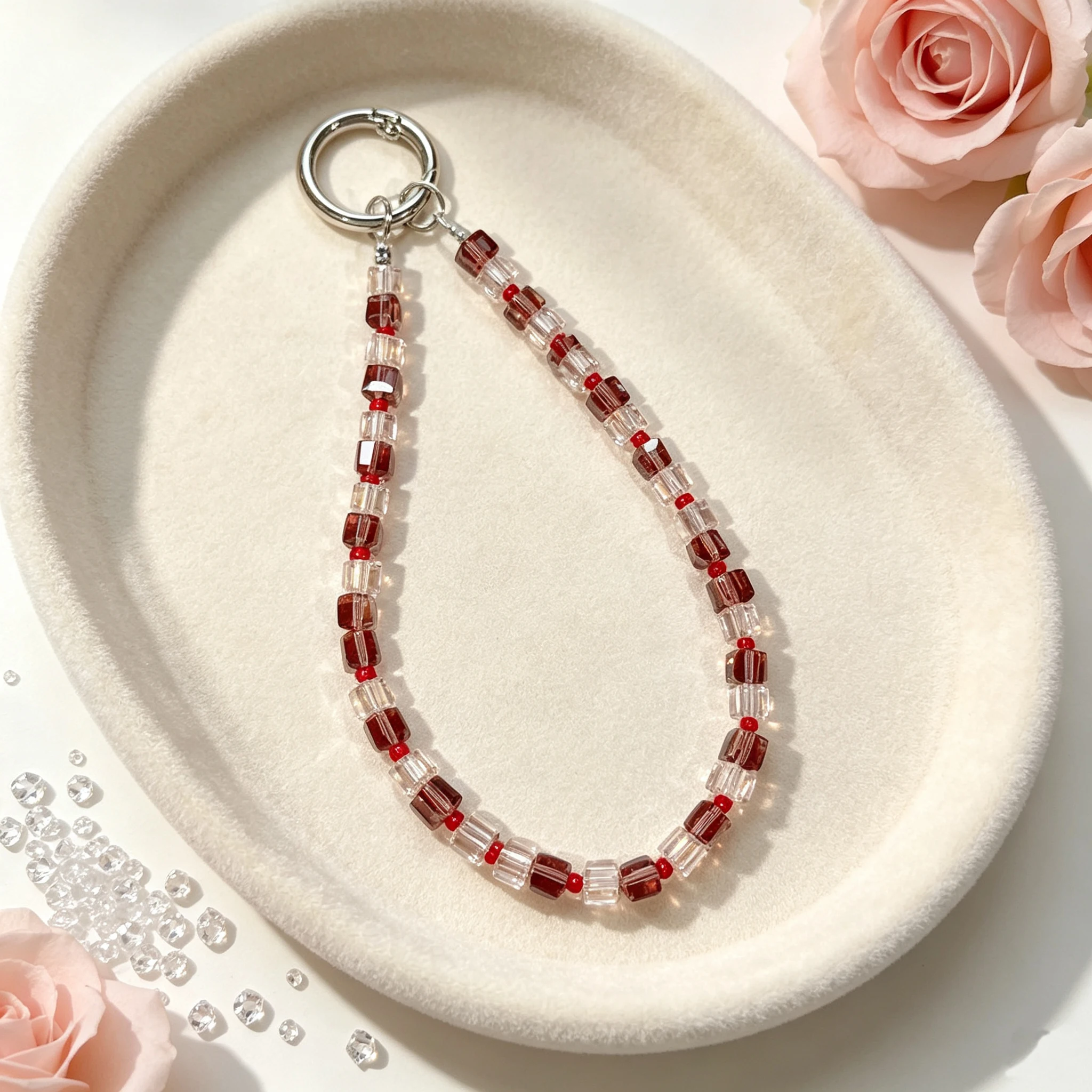Vintage Sugar Cube Crystal Beaded Keychain, Elegant Burgundy Clear Faceted Glass Phone Strap Versatile Handbag Charm Pendant