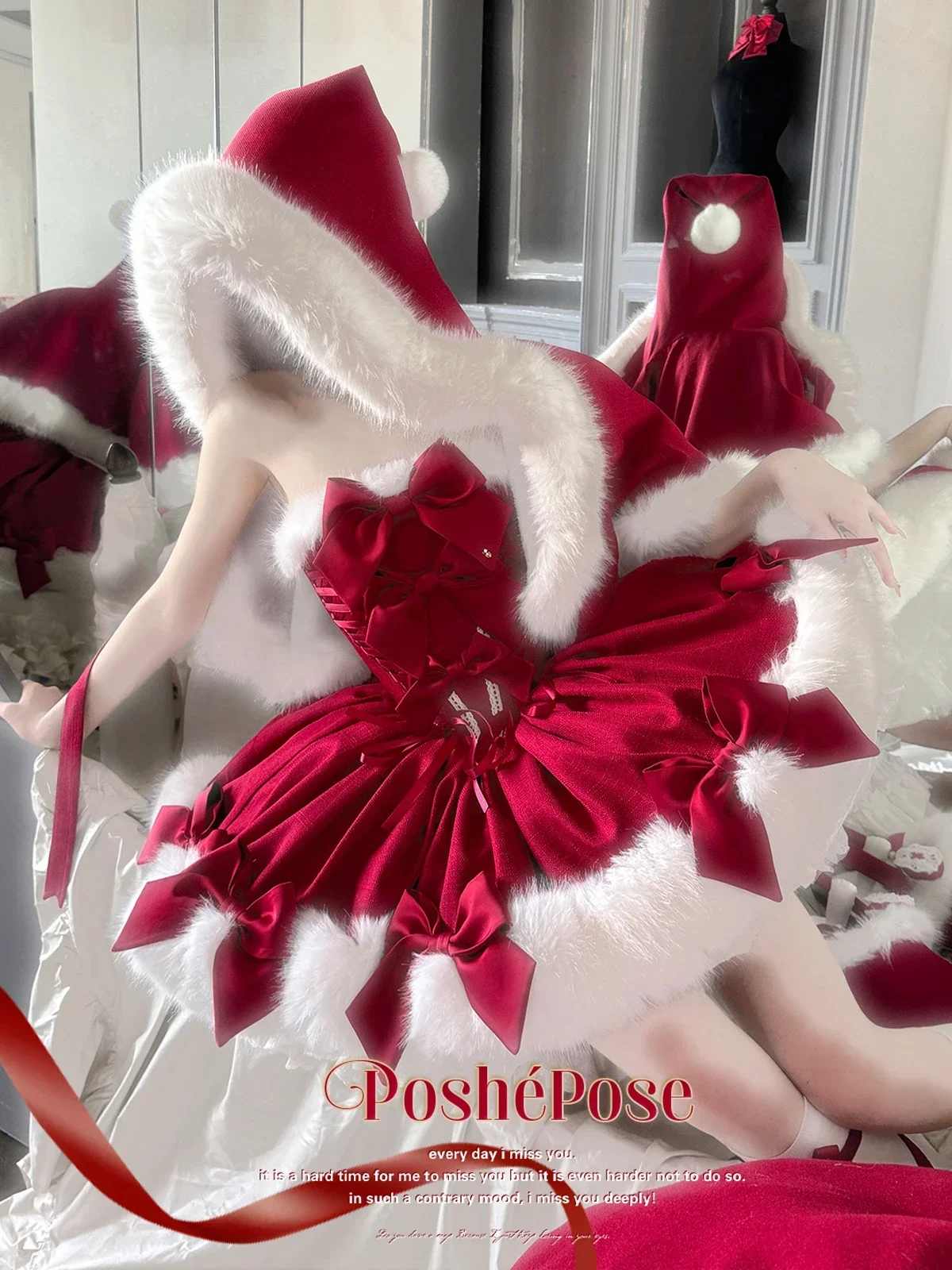 فستان نسائي نحيف بفيونكة كبيرة أنيق للصناعة الثقيلة وحفلات أعياد الميلاد وحفلات السهرة فستان قصير للسيدات لعيد الميلاد باللون الأحمر لوليتا بدون حمالات