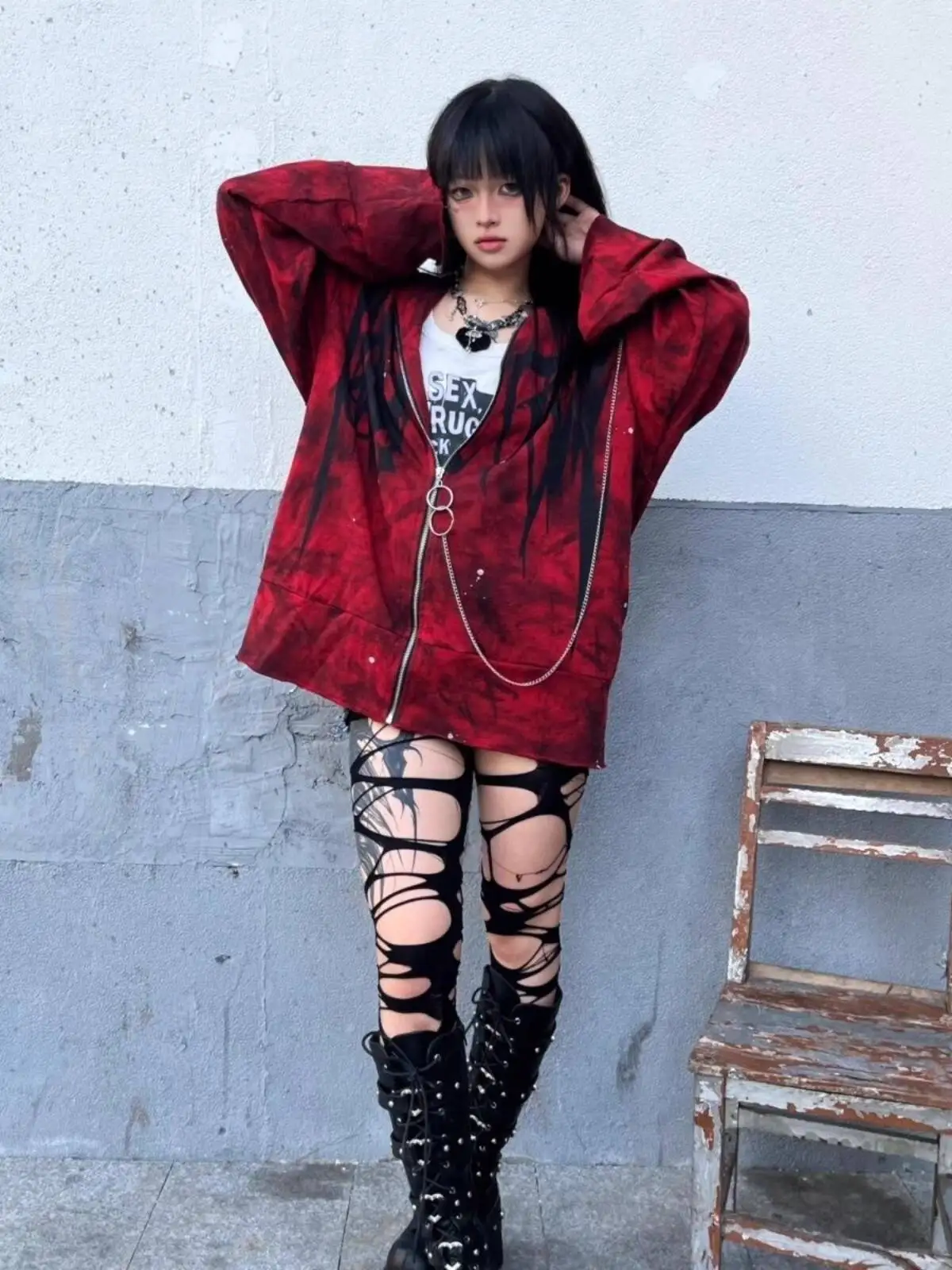 2025 Spring & Autumn Punk Gothic Rock Style Hoodie   Zip-Up Cardigan with Graffiti & Splatter Prints Subculture Outerwear