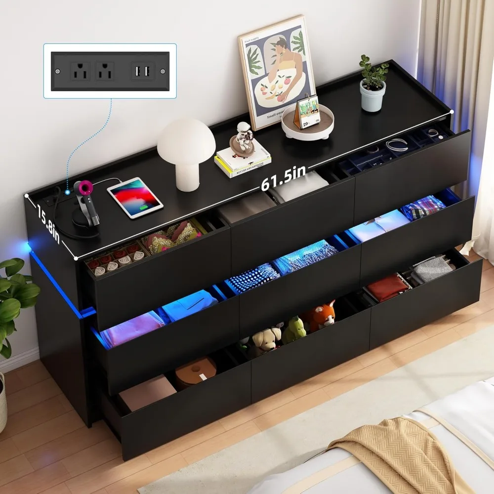Cômoda preta com 9 gavetas - Organizador de cômoda larga 61,4 com estação de carregamento e luzes LED, cabine moderna com gaveta para suporte de TV