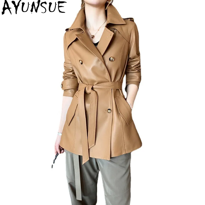 AYUNSUE リアルレザージャケットの女性 2025 春秋服ミッドレングスシープスキンレディースコートトレンチコート Jaqueta デ Couro