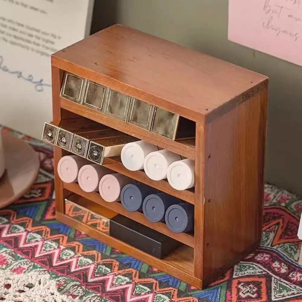 

Vintage Wooden Lipstick Organizer Retro Dark Brown Cosmetics Organizer Shelf Solid Wood Multi-layer Lipstick Storage Case