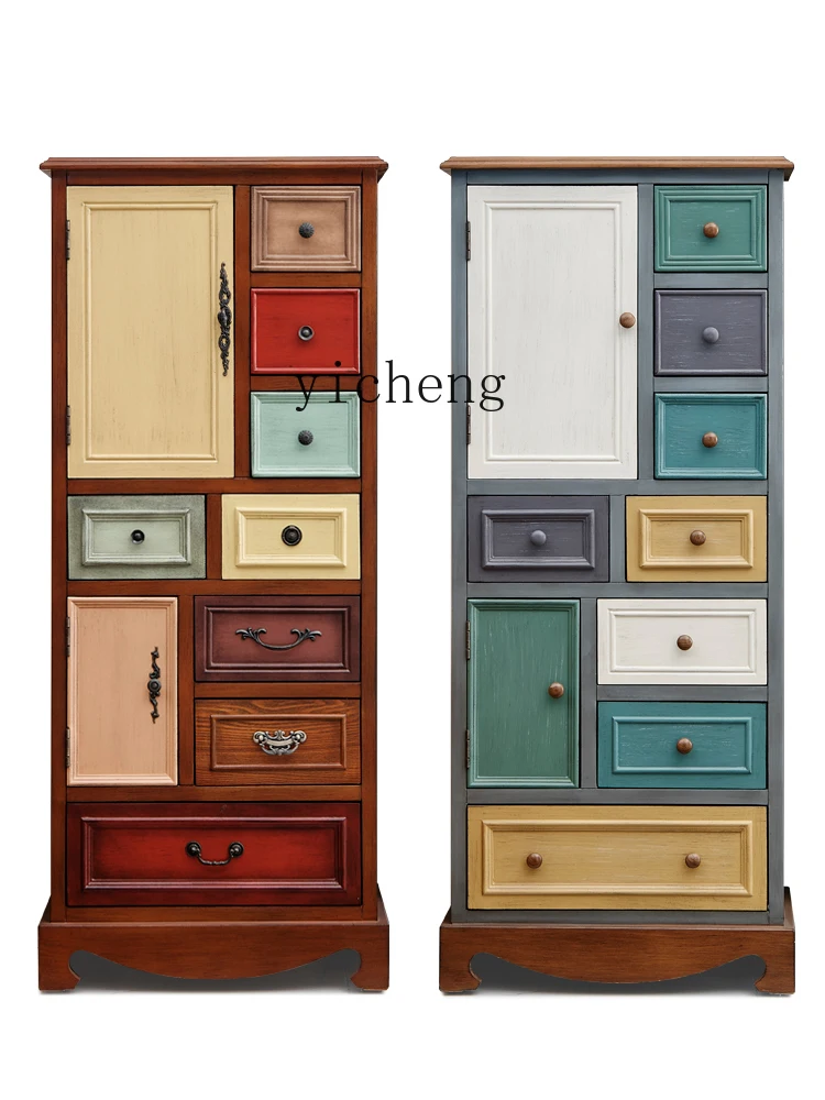 XJ Retro Retro Mediterranean Drawer Storage Cabinet American Country Clothes Closet Storage High Cabinet