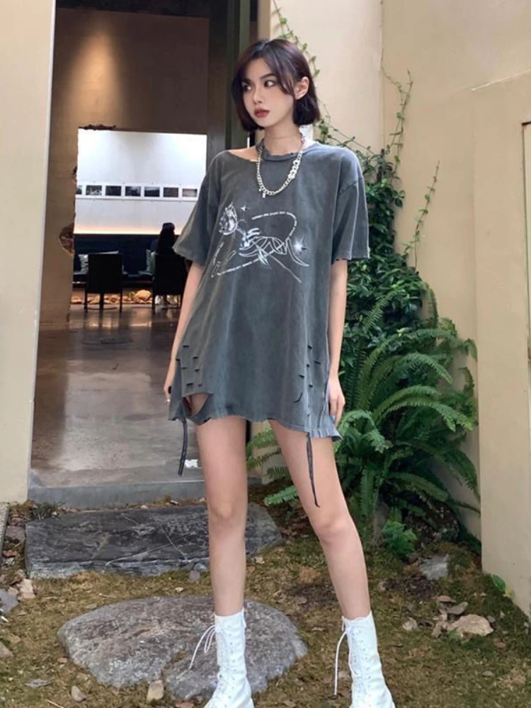 Punk Gothic Y2k Tees Off Shoulder Hole Flower Print Gyaru Oversized Female Tops Harajuku Vintage 2000s Summer T Shirts Clothing