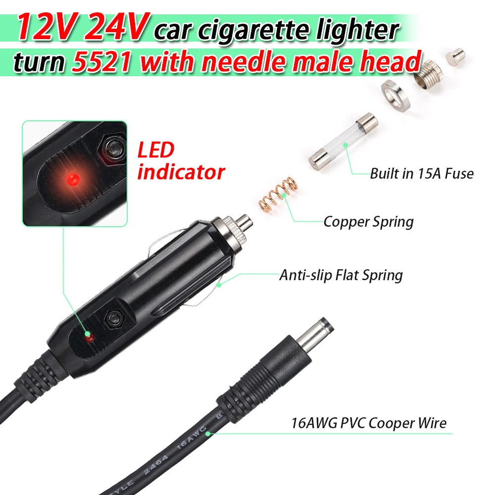 Universal Auto Cable DC7909 DC5521 Car Charger Power Cord 12V-24V For Cars DVR Bluetooth Speakers Camera GPS Laptop