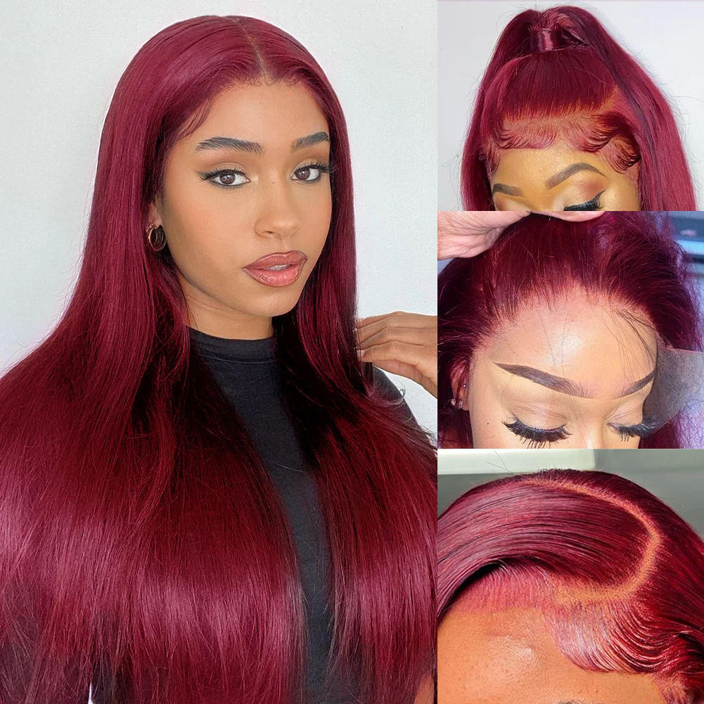 滑らかなバーガンディレースのフロントウィッグ,人間の髪の毛,事前に摘み取られた,密度200,13x4,99j