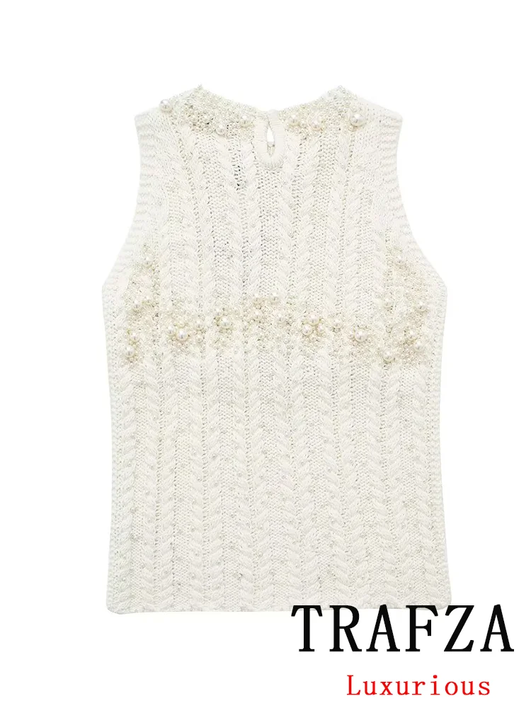 TRAFZA Vintage Casual Chic donna top Solid o-collo perla senza maniche gilet corto New Fashion 2024 primavera estate vacanze top