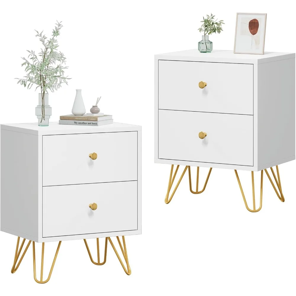 

Nightstand Set of 2, End Side Table Double, Bedside Table with 2 Drawers, Dual Night Stand Metal Legs and Knobs for Bedroom Liv