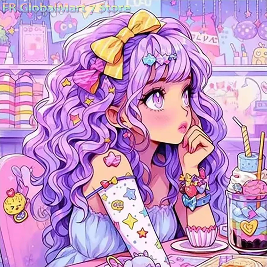 5D DIY Kawaii Pastel Anime Characters Diamond Painting, Purple Hair Sweet Lolita Handmade Art Exquisite Gift Home Decoration