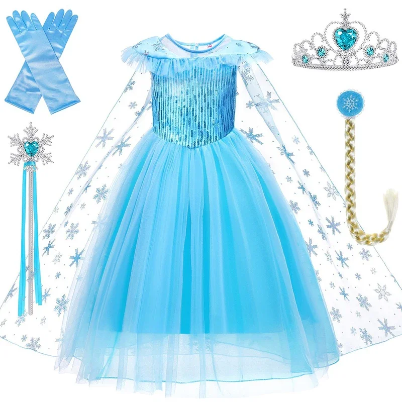 

2023 Girls Blue Elsa Princess Dress Costume Hair Clip Gloves Crown Princess Wand Halloween Cosplay Dresses Kids Carnival Cloth