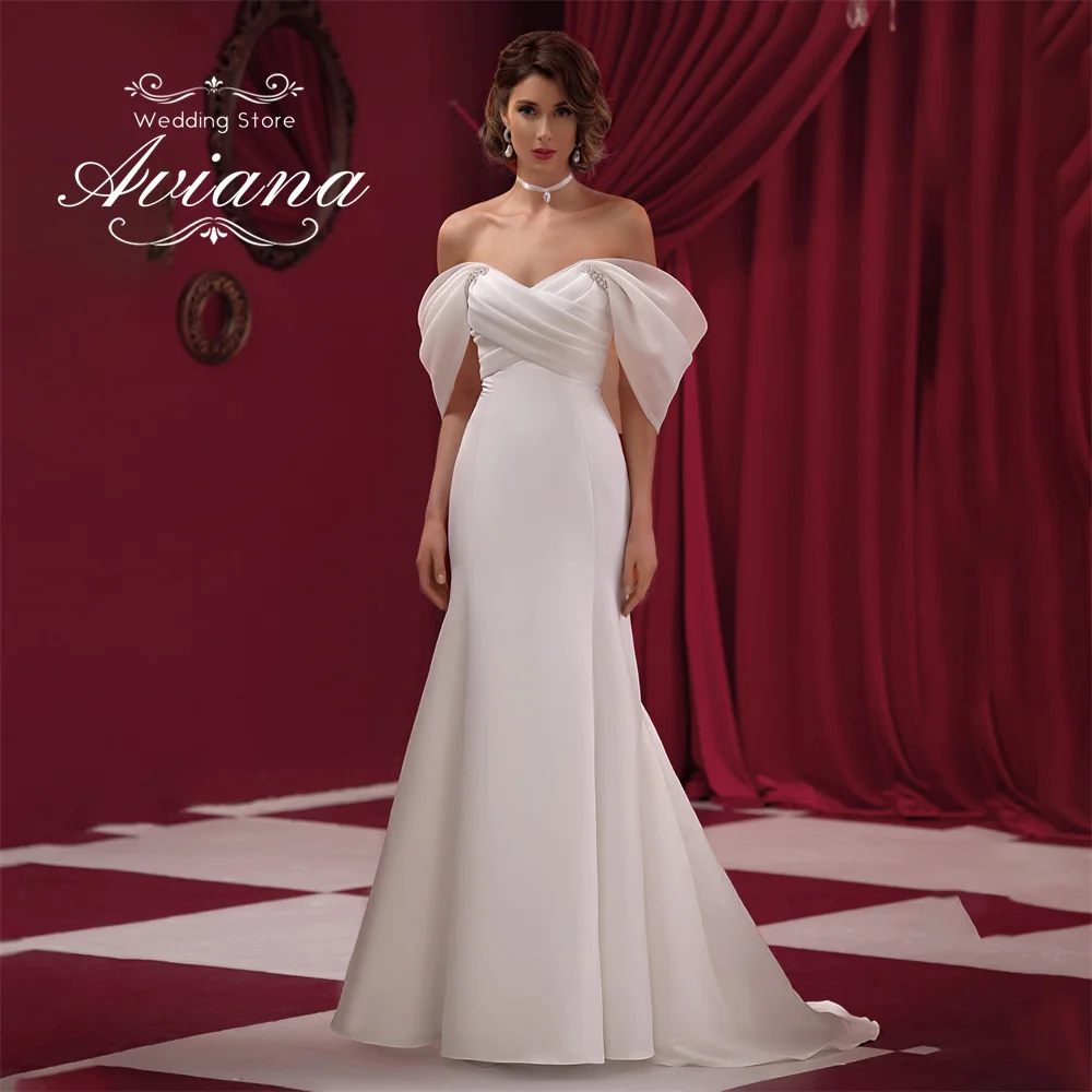 

Aviana Customized Off The Shoudler Mermaid Wedding Dress Sweep Train Sweetheart Pearls Simple Floor Length Ruffles Elegant New