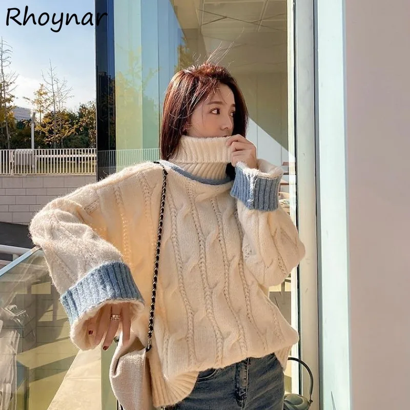 

Pullovers Women Turtleneck Tender Knitted Sweater Loose Fit Tops Thickening Patchwork Sweet Students Autumn Winter All-match Ins