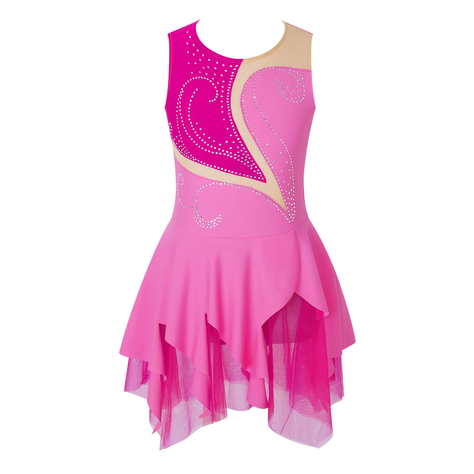 Kids Girls Ballet Jersey Body with Rhinestone Dance Competition Costume Hollow Back Gymnastic Figure Skating Lyrical Dance Dress