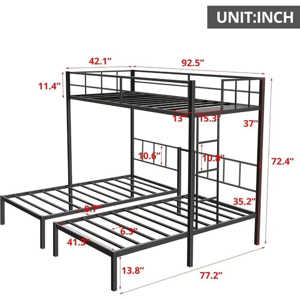 Children Beds, Metal Twin Over Twin & Twin Bunk Beds for 3 with Guardrails, Ladder & Upper-Bed Platform, Detachable 3 Bunk Beds