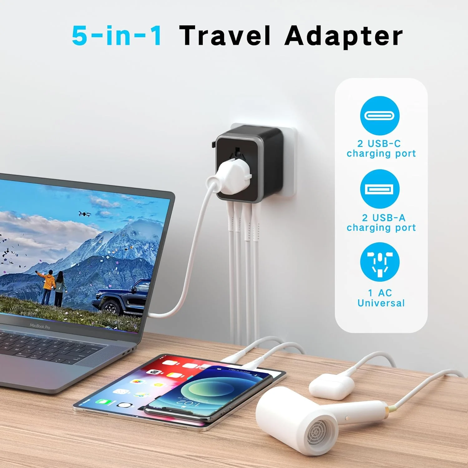 Universal Travel Adaptor-One-Piece Fast Charging Wall Charger With Dual USB/Type-C Ports-Available In us ,EU,UK,Australia