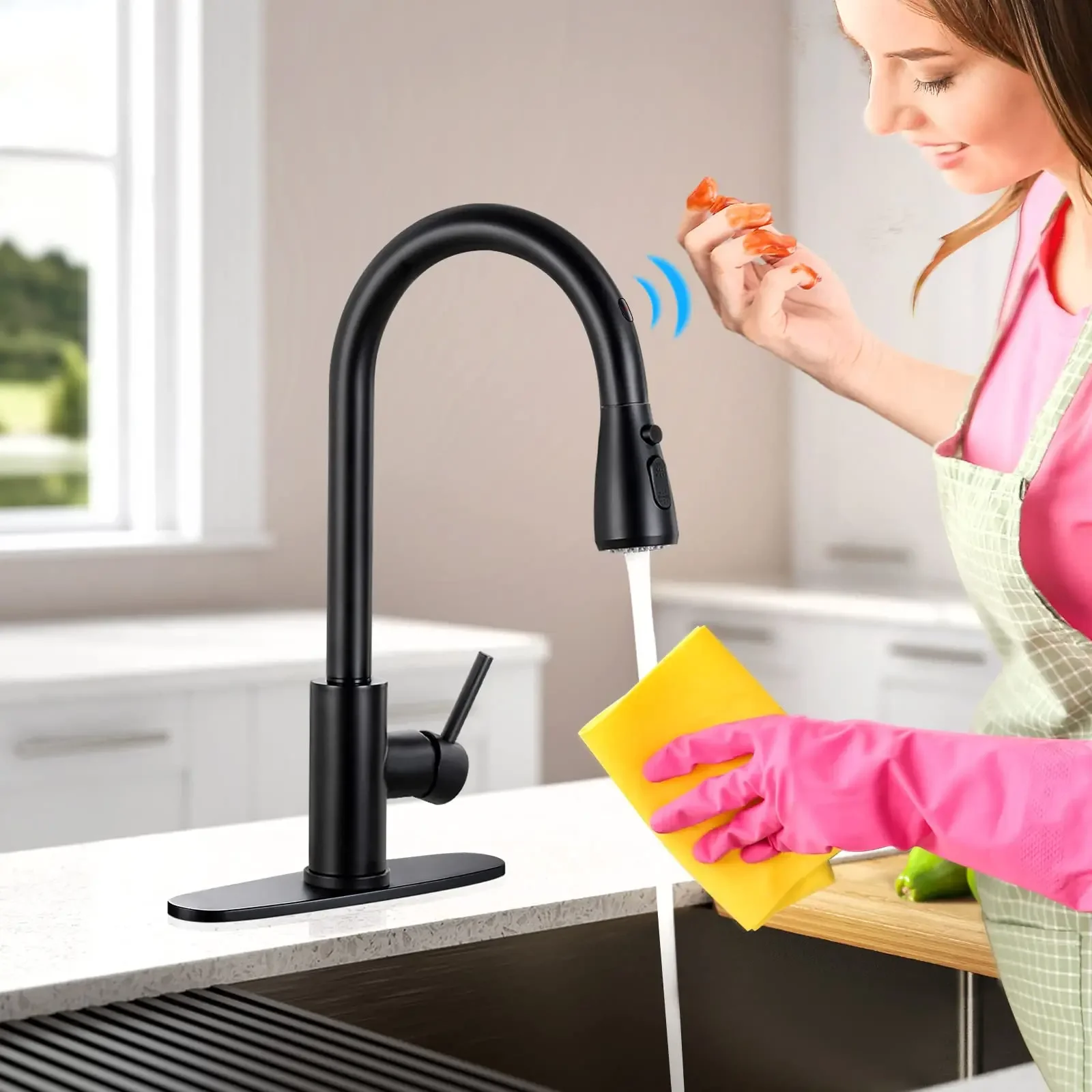 

Modern Touch-sensitive Stainless Steel Kitchen Sink Faucet Matte Black Single Handle Pull Out Cold and Hot Water Kitchen
